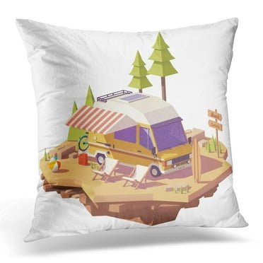 CMFUN Awnings Isometric Classic Station Rv Camper Van on The Seaside Camping with Deckchairs and Surfing Board Pillow Case Pillow Cover 18x18 inch