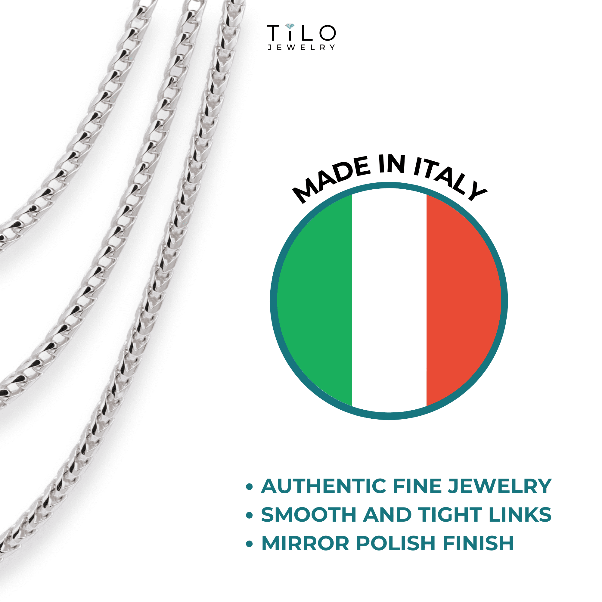 Tilo Jewelry Solid 925 Sterling Silver Franco Chain Necklace with Secure Lobster Lock | 1.5mm - 16 Inch | Everyday Necklace for Men, Women, Unisex