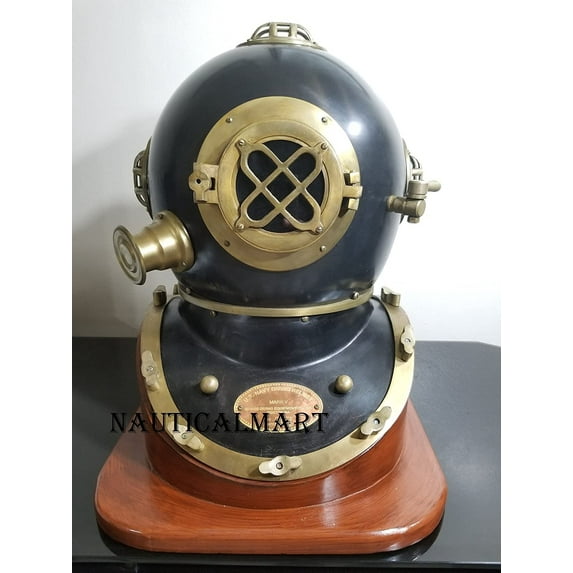 NAUTICALMART Black 18 inch US Navy Marine Mark V Deep Sea Scuba Antique Divers Diving Helmet Reproduction with Wooden Stand