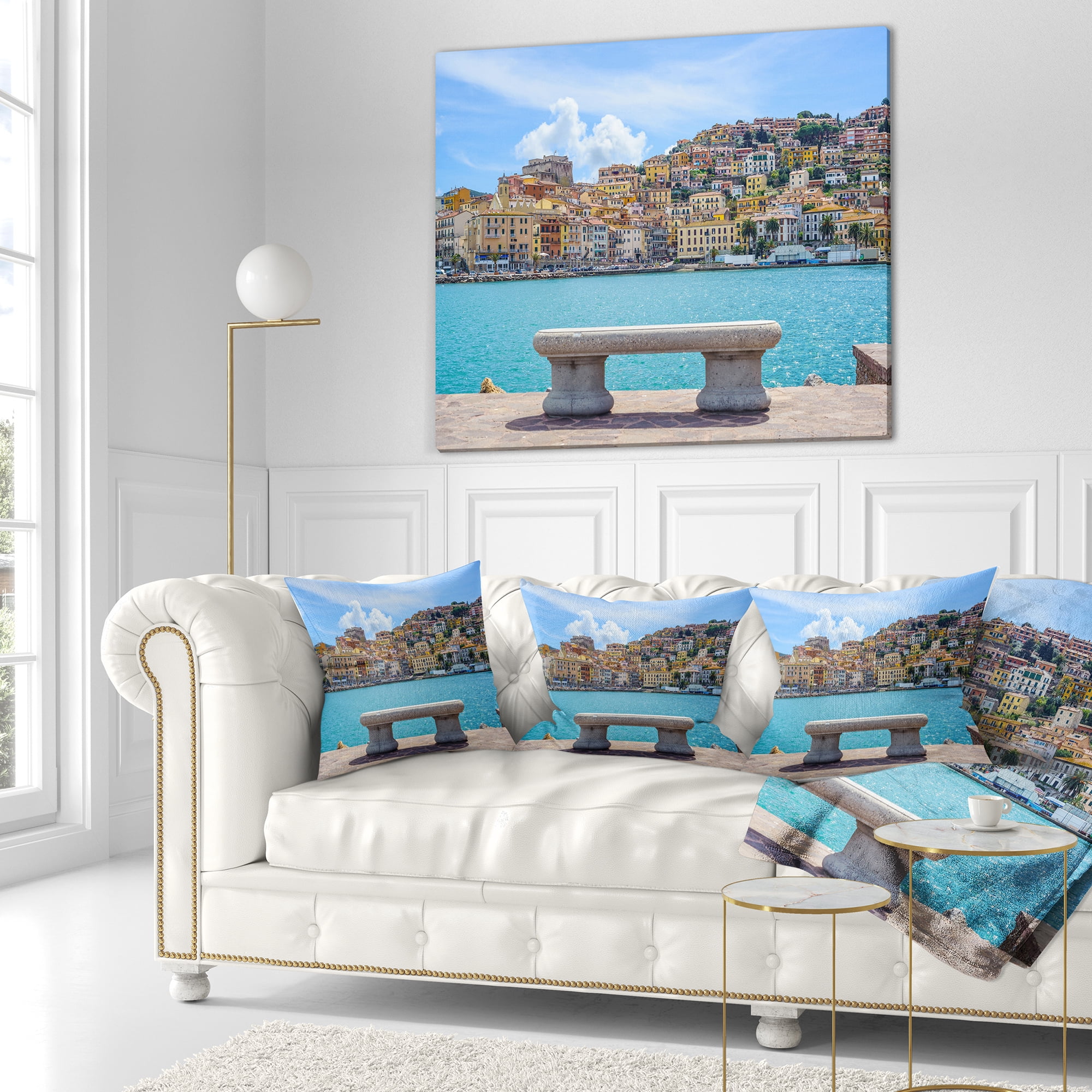 Designart Seafront Bench in Port Santo Stefano - Seashore Throw Pillow - 18x18