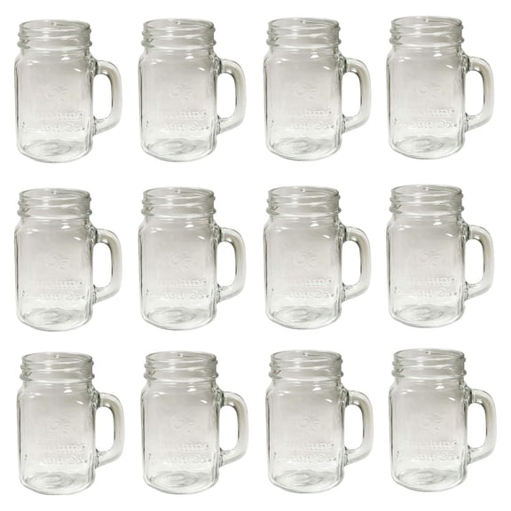 Mason Jar Glass Mugs with Handles Pint Size (16 ounce, 473 mL) Regular Mouth 12 Pieces