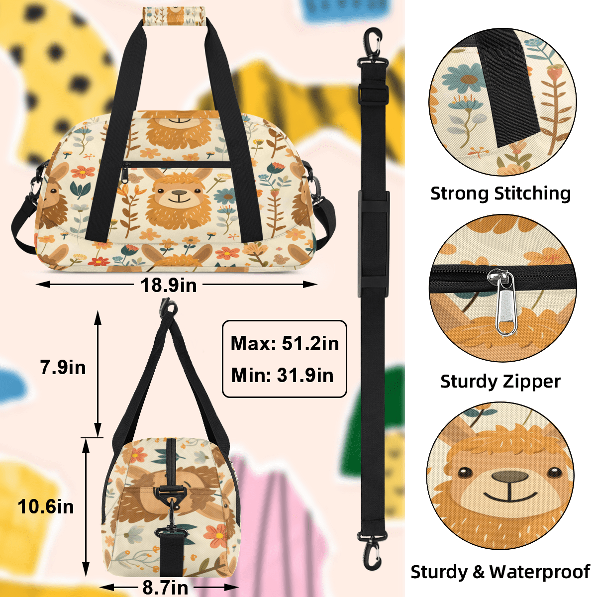 Herdesigns Cute Llama Sports Duffle Bag for Women & Men, Llama Floral Gym Bag Dance Bag Overnight Bag Carry On Weekender Travel Bag