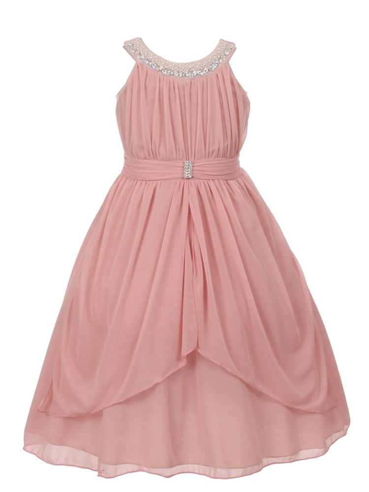 KiKi Kids USA Little Girls Pink Bejeweled Yoke Neck Matte Jersey