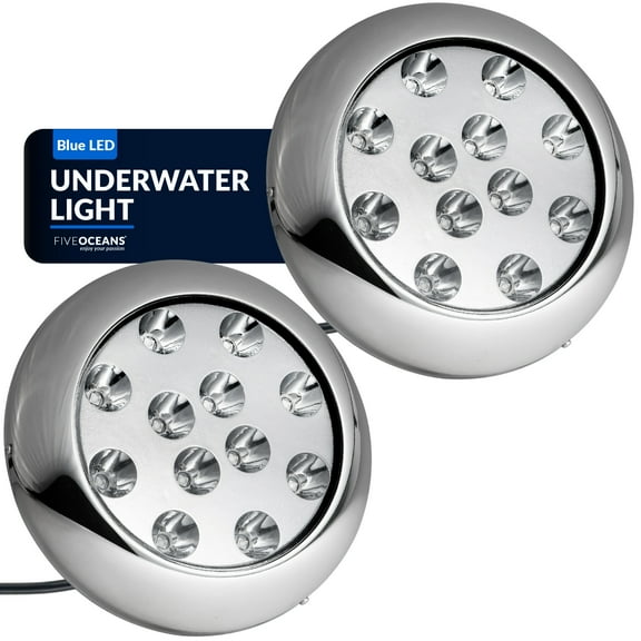 Five Oceans 2-Pack Underwater Boat Lights - Underwater Lights for Boat, Blue LED High Power 3000LM, Marine-Grade 316 Stainless Steel Bezel, 12-30V DC, Waterproof IP68 - FO4461-M2