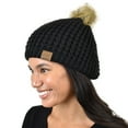 thumbnail image 2 of C.C Thick Waffle Knit Fleece Lined Faux Fuzzy Fur Pom Beanie, Black, 2 of 3