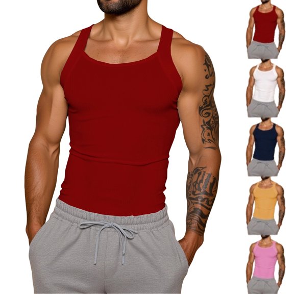 Mens Wide Strap Tank Top Sleeveless Muscle Fit T-Shirt Cotton Ribbed Round Neck Solid Color Gym Training Daily Wear Vest, #03 Red, L