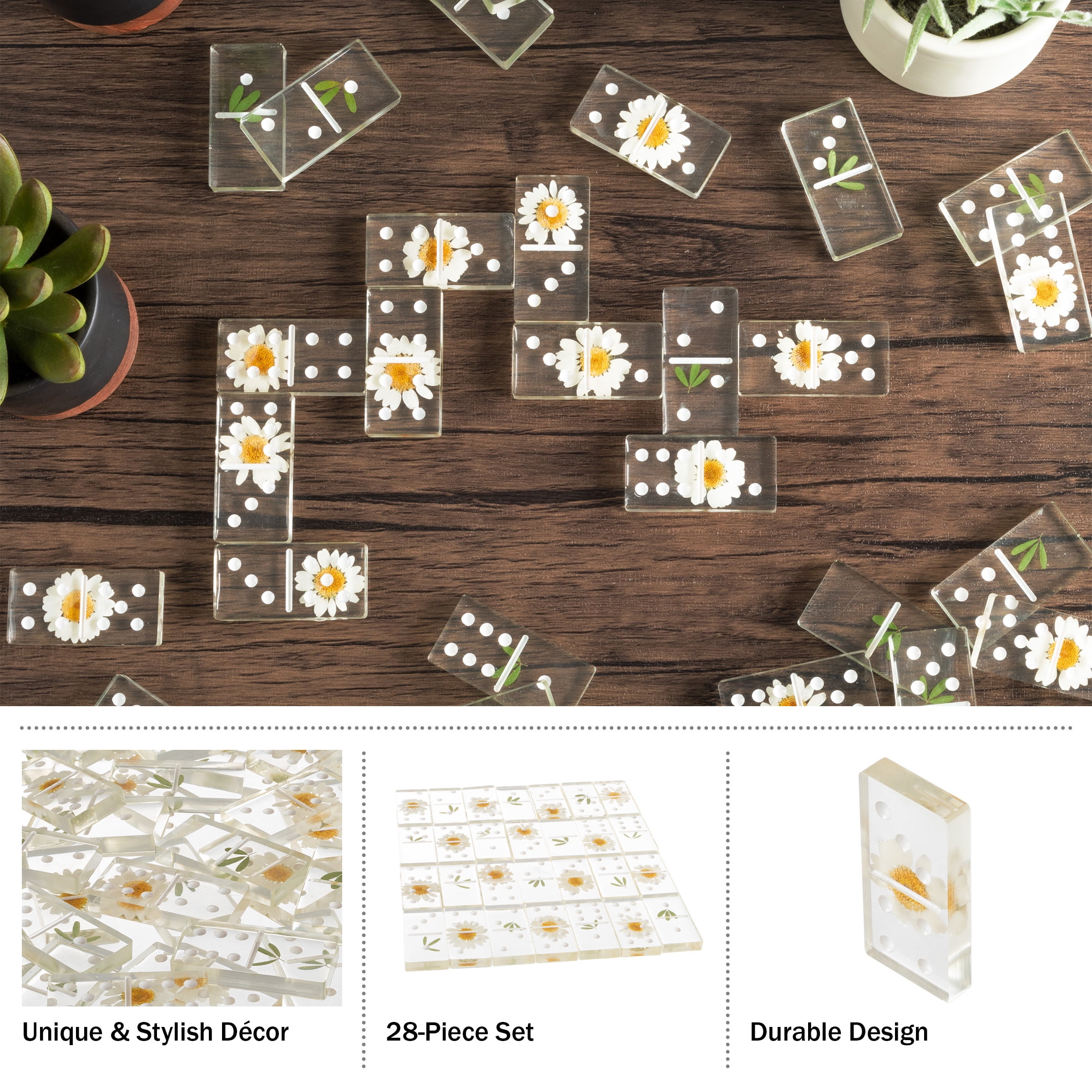 Trademark Games Acrylic Dominos Set - 28-Piece Domino Game with Case, Daisy