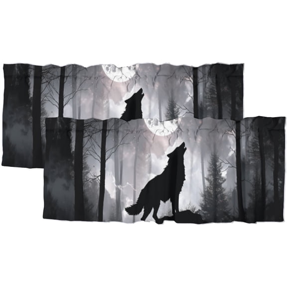 Wolf Silhouette Kitchen Valance Forest Wolf Howling Wildlife Animal Full Moon Light Rod Pocket Decoration Window Valance Curtains 54x18inch(2Pcs)