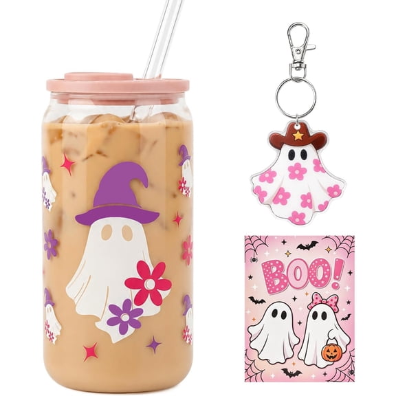 Halloween Glass Cup, 16OZ Iced Coffee Tumbler with and Card, | , Card,Cute,
