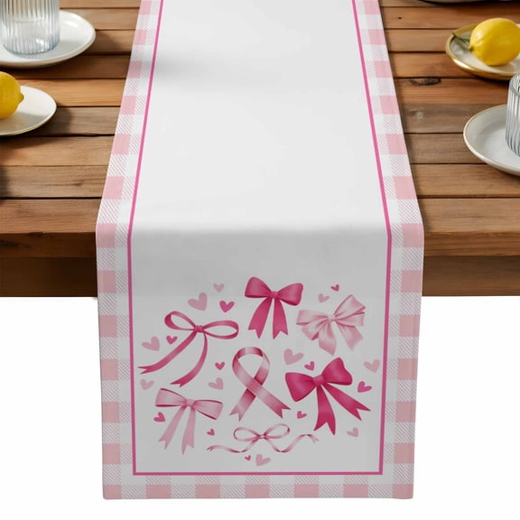 Pink Gradient Bow Table Runner, Ribbon Cute Love Pink Plaid Bowknot White Washable Kitchen Table Runners Dress Scarves for Dining Table Decorations Party, 13x36in