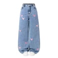 thumbnail image 2 of GiLiling Teen Girls Baggy Jeans High Waist Wide Leg Denim Pants Elastic Waist Y2k Vintage Aesthetic Cargo Pants Heart Embroidery (Blue, 11-12 Years), 2 of 8