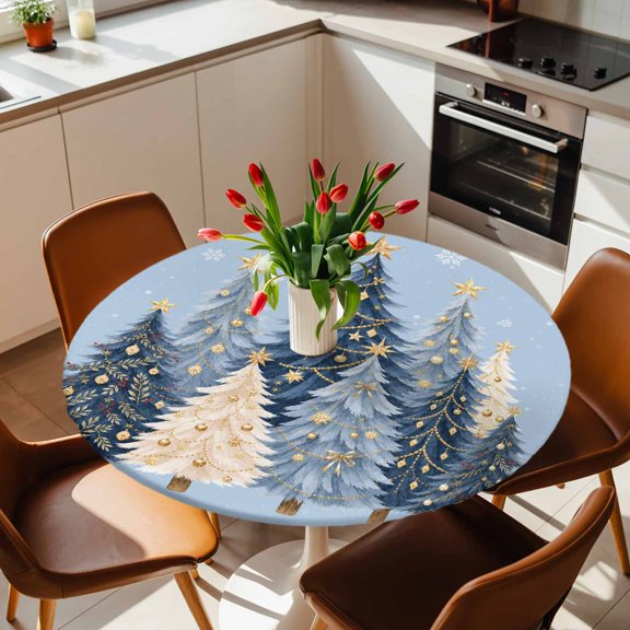 Round Fitted Tablecloth with Elastic Edge, Christmas Trees on Blue Fitted Table Cloth for Round Tables 36-44in, Winter Snowflake Trees Waterproof Tablecloth for Outdoor Picnic Party