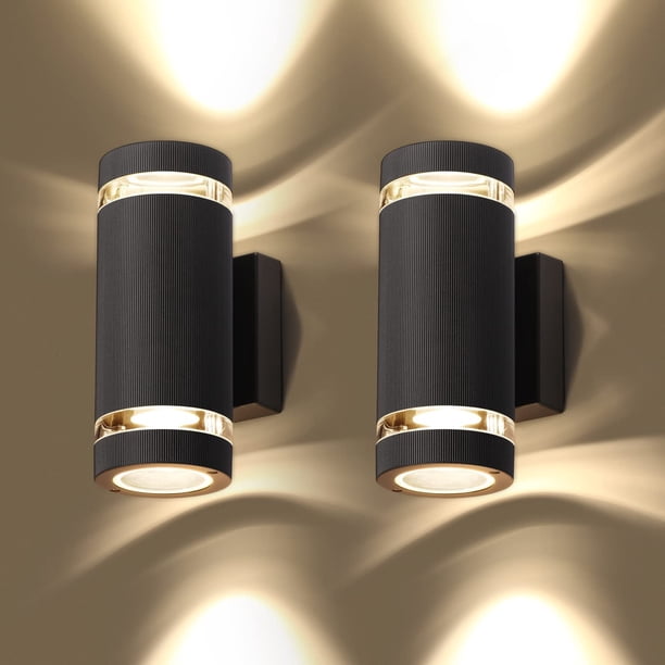 Apliques LED de pared para exterior, juego de 2, IP65, resistente al agua, 3000 K, iluminación de pared moderna para jardín, garaje, terraza, pasillo y patio, luz exterior de aluminio, color negro.