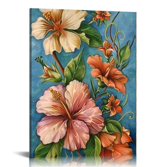 JRXY Tropical Floral Wall Art Hawaii Hibiscus Flower Paintings Canvas Picture Painting Botanical Artwork Vintage Orange and Teal Wall Decor for Living Room Bedroom Framed Ready to Hang 12x16 in