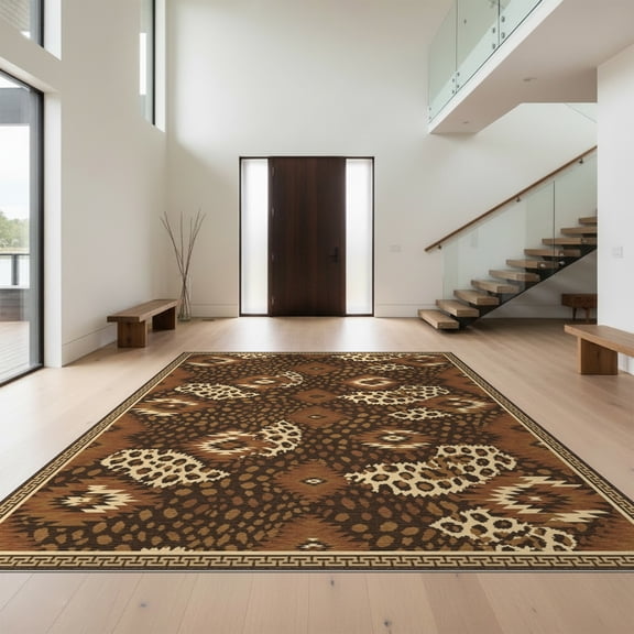 Design&I 8'x10' Washable Area Rug Decorations Brindle Motif Terracotta Border Livingroom Cow Print for Living Room, Family Extra Large Skid-Resistant Low Profile