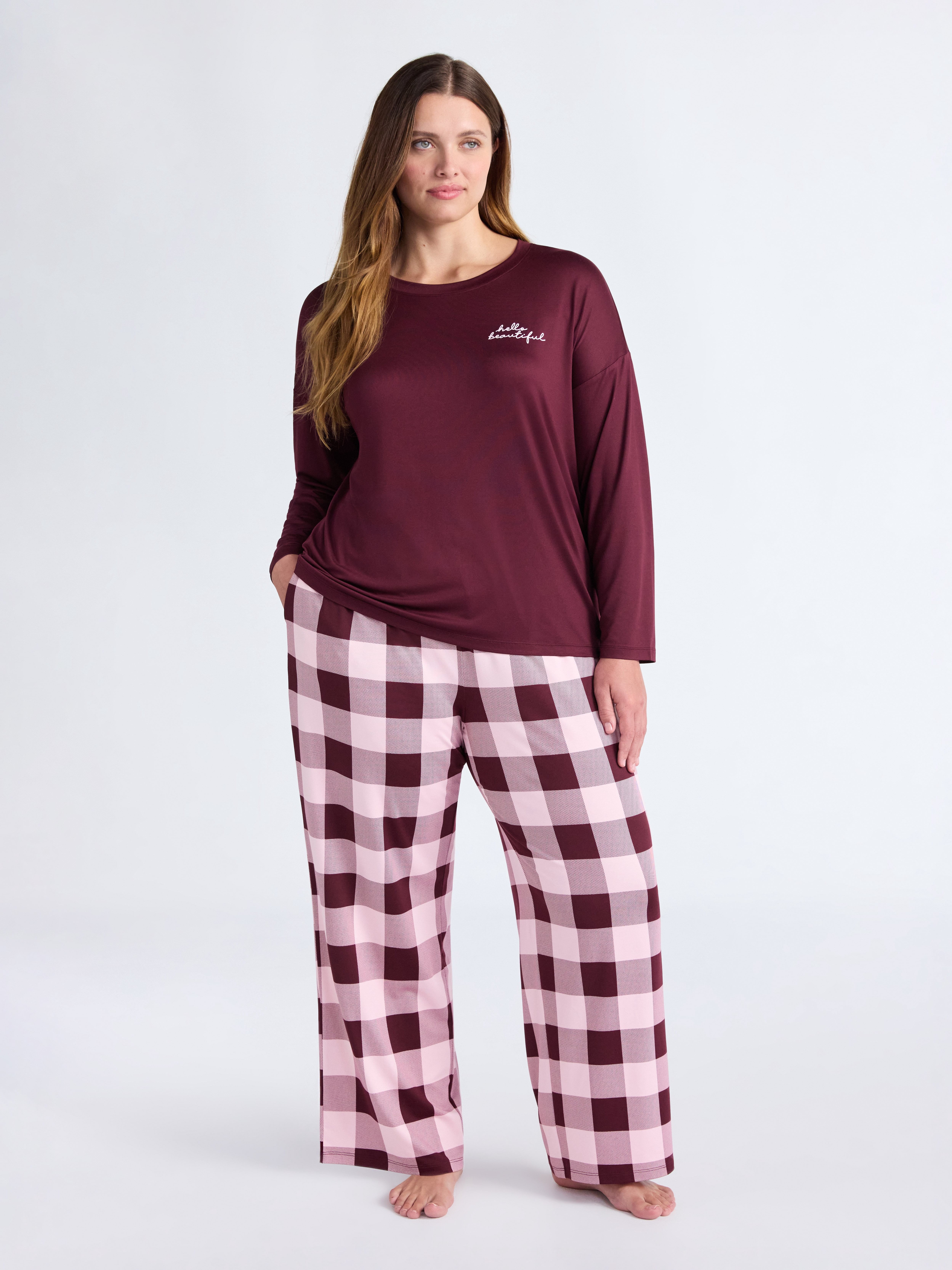 Joyspun Women's Dreamy Soft Collection Long Sleeve Sleep Top and Straight Leg Pants Pajama Set, 2-Piece, Sizes XS-3X