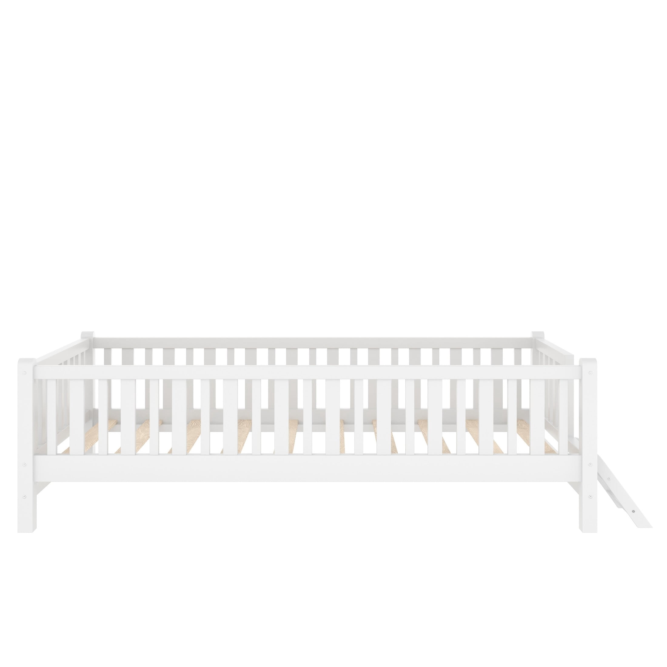 Noble House Prado Twin Size Wood Platform Bed with Full Guardrail, Safe Low Profile Bed Frame for Kids, White