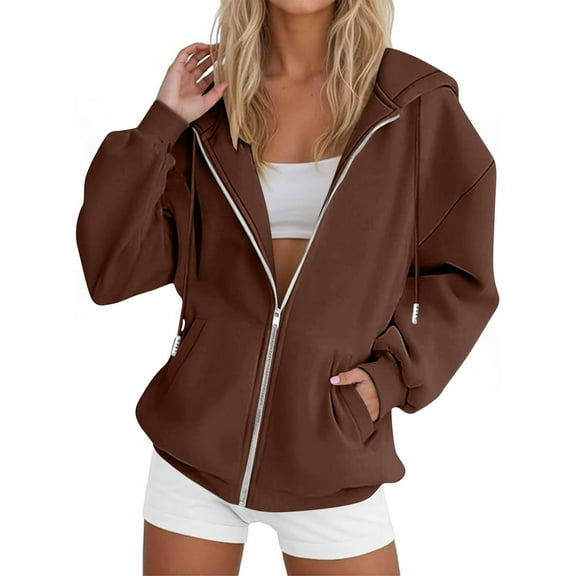 Chiccall Womens Full Zip Sweatshirt Hooded Long Sleeve Drawstring Jackets Casual Loose Solid Athletic Outwear Tops with Pockets
