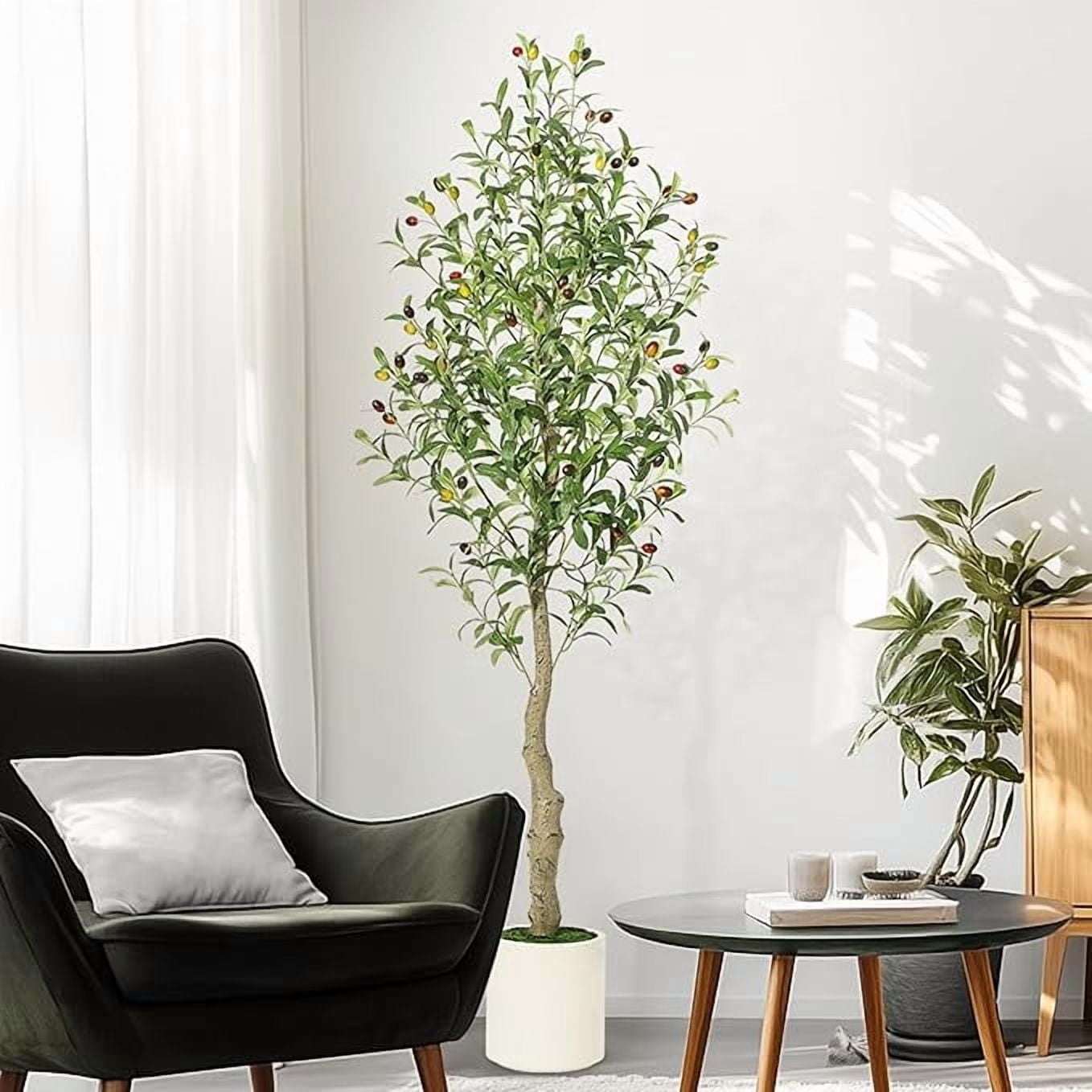 Artificial Olive Tree 7FT Tall Faux Olive Tree Indoor Fake Silk Plant with Realistic Trunk, Leaves, Fruits and White Planter, Faux Potted Tree for Home Decor and Housewarming Gift, 2 Pack