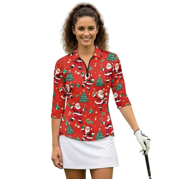 HUIACONG Santa Music Tree Women's Golf Polo Shirts, Quarter Zip Comfortable Ladies Golf Top 3/4 Sleeve Soft Women's Golf Top