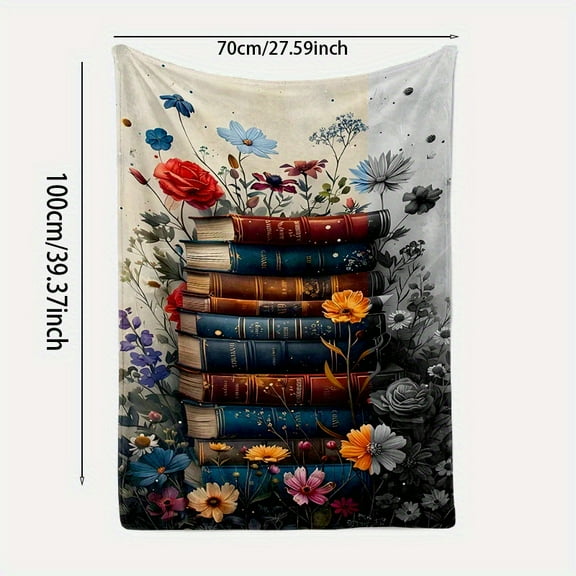 1pc Contemporary Floral and Vintage Books Print Fleece Blanket - Soft Cozy Flannel Throw for All Seasons, Ideal for Reading Nook, Home Decor, and Gift for Book Lovers