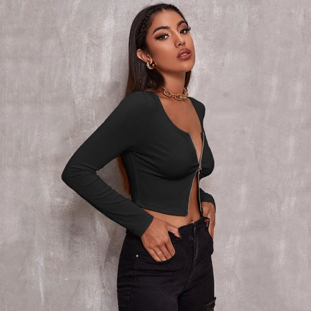 Puntoco Mujeres Sexy Retro Cremallera top Tee Turn-Down Collar Manga larga Mujer Blusa Liquidación Puntoco Puntoco-533