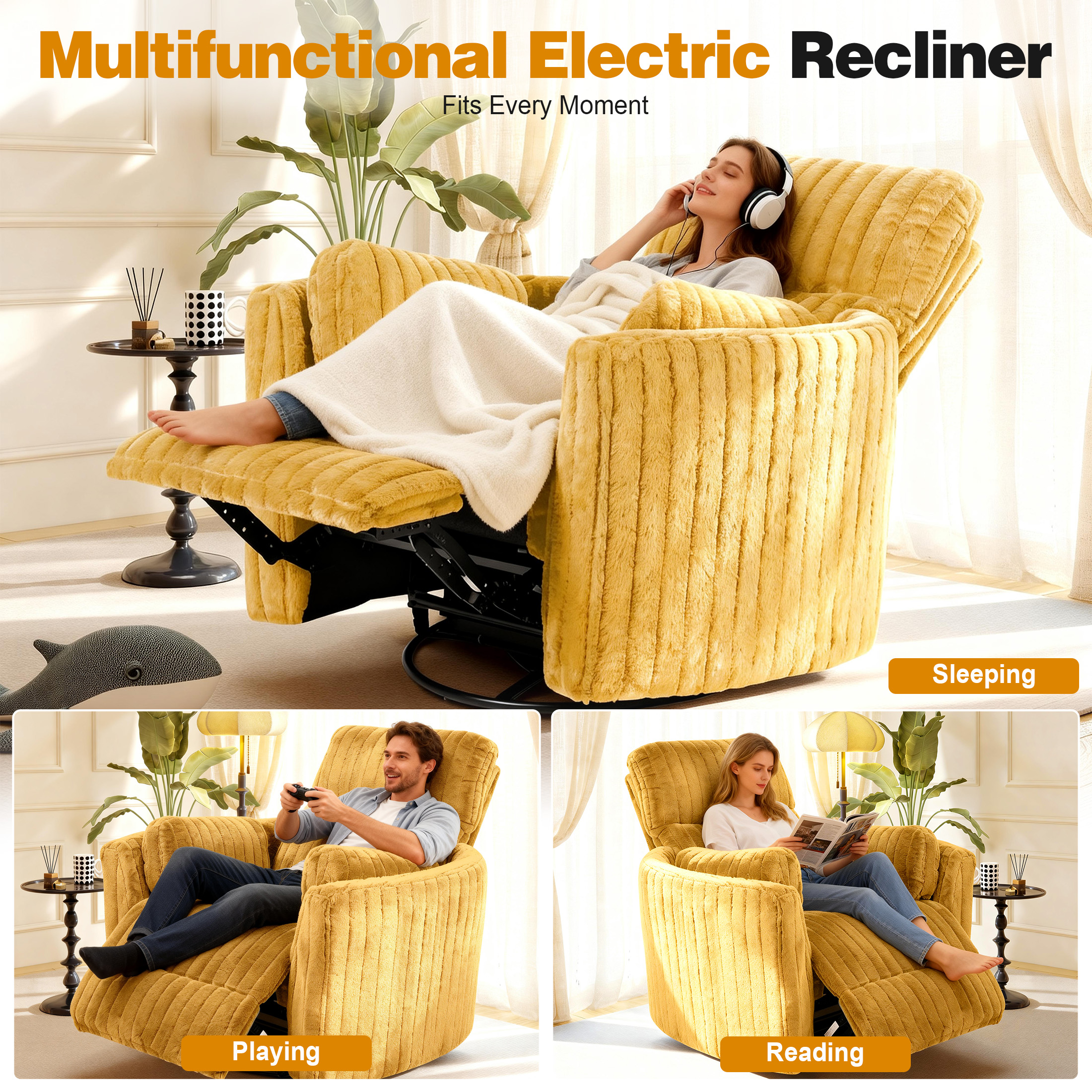 Aukfa Swivel Rocking Glider Power Recliner Chair with 24" Wide Seat & Type-C & USB Ports, Yellow