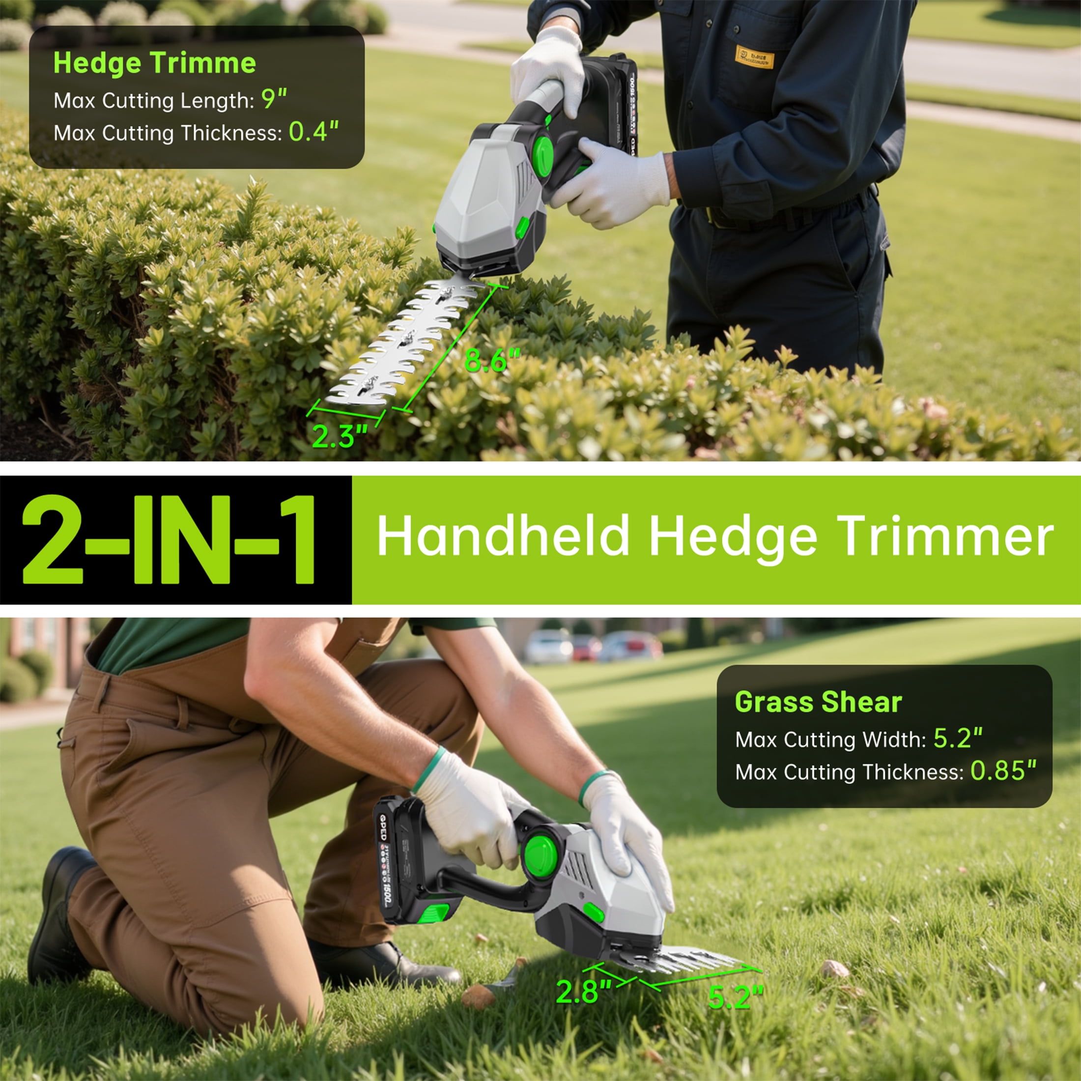 GPED Cordless Hedge Trimmer, 2-in-1 Grass Shears Handheld with 2 Pack Rechargeable Battery, Lightweight Shrubbery Trimmers, Bush Trimmer for Gardens, Yards and lawns, Gray