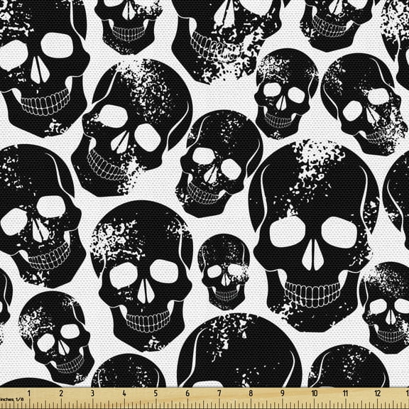 Ambesonne Gothic Fabric by the Yard Upholstery, Grunge Black Skulls, 2 Yards, Black White