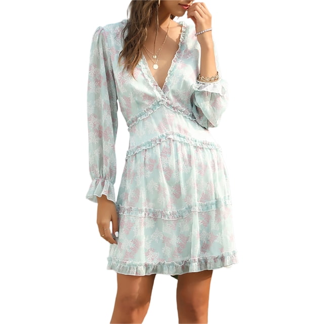 Lucakuins Vestido de cintura alta con cuello en V verde marino para mujer, minivestido corto con dobladillo con volantes, S/ M/ L/ XL Lucakuins moda