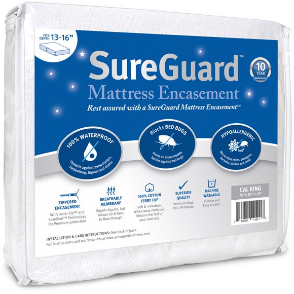 Cal Très Grand (13-16 Po de Profondeur) SureGuard Housse de Matelas - 100 % Imperméable, Anti-Punaises de Lit, Hypoallergénique - Housse Zippée de Qualité Supérieure à Six Côtés