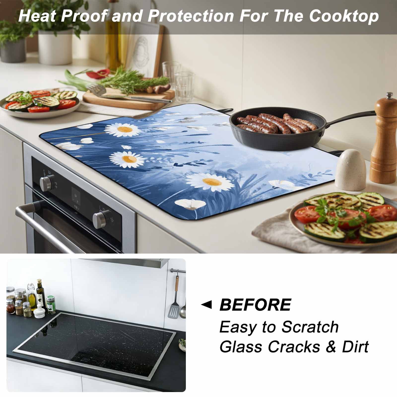 Spring Daisy Blue Stove Top Cover for Electric Stove, Heat-proof & Non Slip Glass Top Stove Cover Protector, Pastoral Botanical White Floral Leaf Kitchen Flat Cooktop Rubber Mat 24x21 Inches