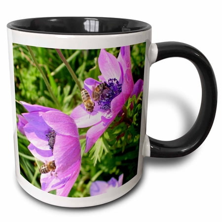 3drose, Honey Bees Feeding on Pink Anemone, 11oz Two-tone Black Mug