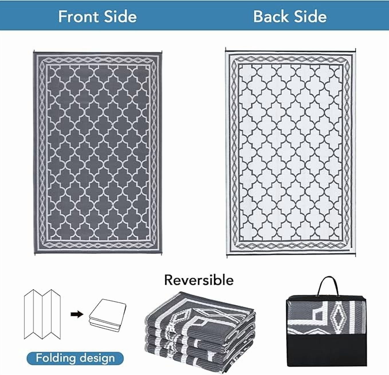 Outdoor Rug 10x14 Reversible Mats, Plastic Straw Rug, Large Floor Mat and Rug for Outdoors, Modern Area Rug, Patio, Backyard, Deck, Picnic, Beach, Trailer, Camping, Grey/White(Geometric)