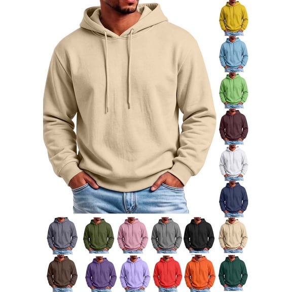 Hzzrkos Men Casual Solid Color Long Sleeve Hooded Pullover Sport Fleece Lined Sweatshirt Hoodie for Everyday Wear Khaki