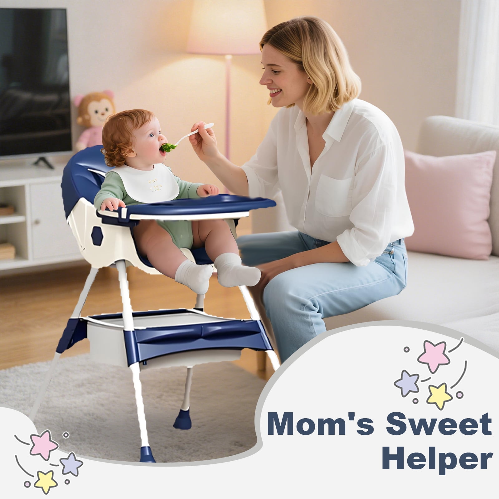 BEJOLO Baby High Chair, 4-in-1 Foldable Highchair Dining Feeding Chair with Double Dining Plate & Toy Rack, Infant to Toddler, Blue