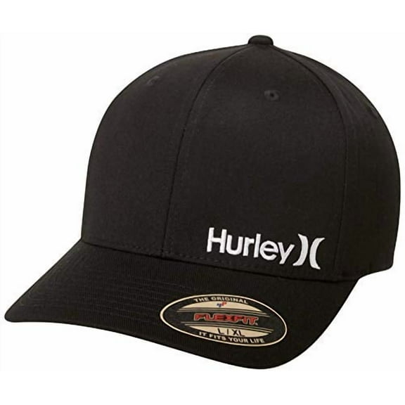 Hurley Men's One & Only Corp Flexfit Perma Curve Bill Baseball Hat, Solid Black/White, S-M