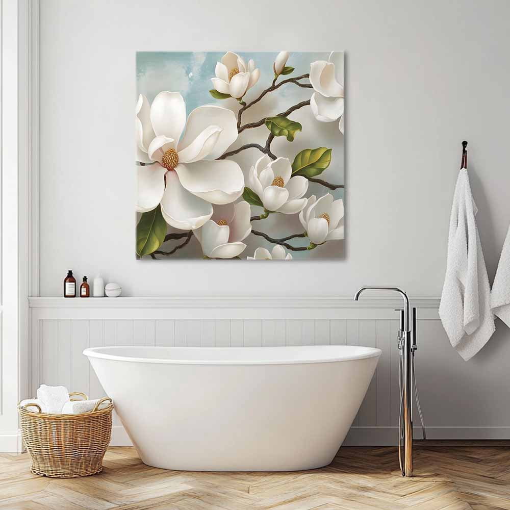 Magnolia Farmhouse Canvas Wall Art, White Floral Vintage Pastoral Botanical Framed Wall Decor Modern Artwork Prints Painting for Living Room, Bedroom, Kitchen & Cafe Decor 28x28 Inch