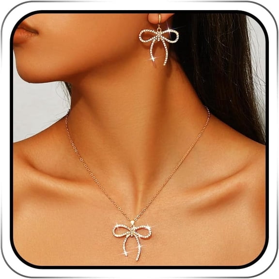 XBage Bow Jewelry Set Gold Rhinestone Prom Necklace And Earring Set For Women[xl6773]