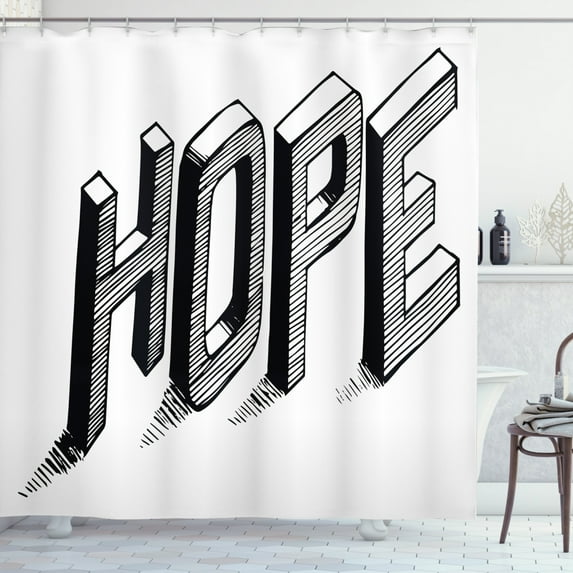Hope Shower Curtain, Sketch Letters with Stripes Spelling Hope Hand Drawn Calligraphic Arrangement, Fabric Bathroom Set with Hooks, 69W X 70L Inches, Black and White, by Ambesonne
