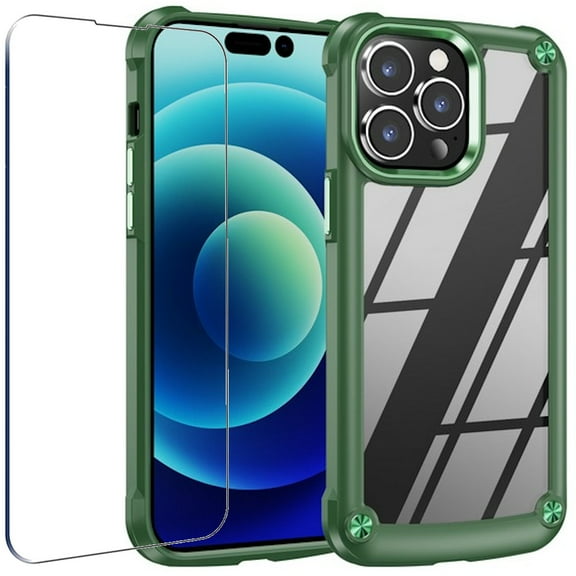 Tough Shield Snap-on Transparent Case and Tempered Glass Screen Protector for iPhone 14 Pro - Green