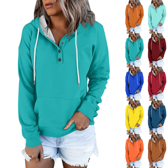 Evdexr Trendy Women's Plus Size Hoodies Buttons Collar Hooded Sweatshirts Winter Drawstring Pullover Tops with Kangaroo Pocket Turquoise XL