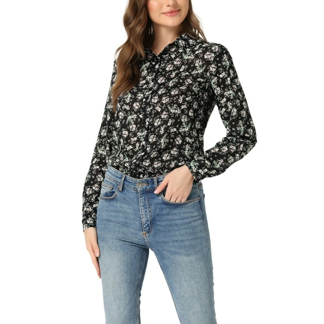 INSPIRE CHIC Women's Button Down Shirt Ditsy Floral Long Sleeve Point Collar Office Top S Black1