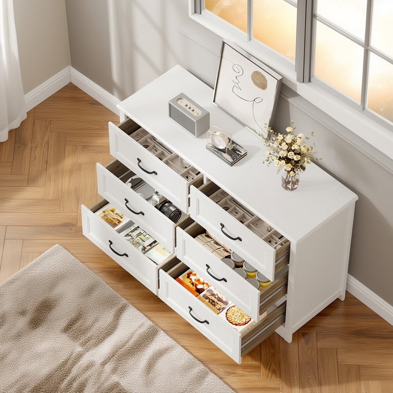 6-Drawer Dresser, 47" Wide Chest of Drawers with Metal Handles, Modern Storage Organizer Sturdy Wood Chest of Drawers for Bedroom, Living Room, Hallway, Office, Entryway, White