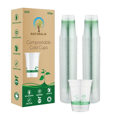 Naturalik 100% Biodegradable and Compostable Cold Cups- Plant-Based Clear Cups | 12 Ounce Party Cups | 100