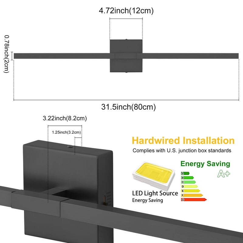 Deyidn 31.5 Inch Black LED Wall Sconce, 24W Dimmable Vanity Light with 5 Color Temperatures for Bathroom Mirror, Bedroom & Hallway