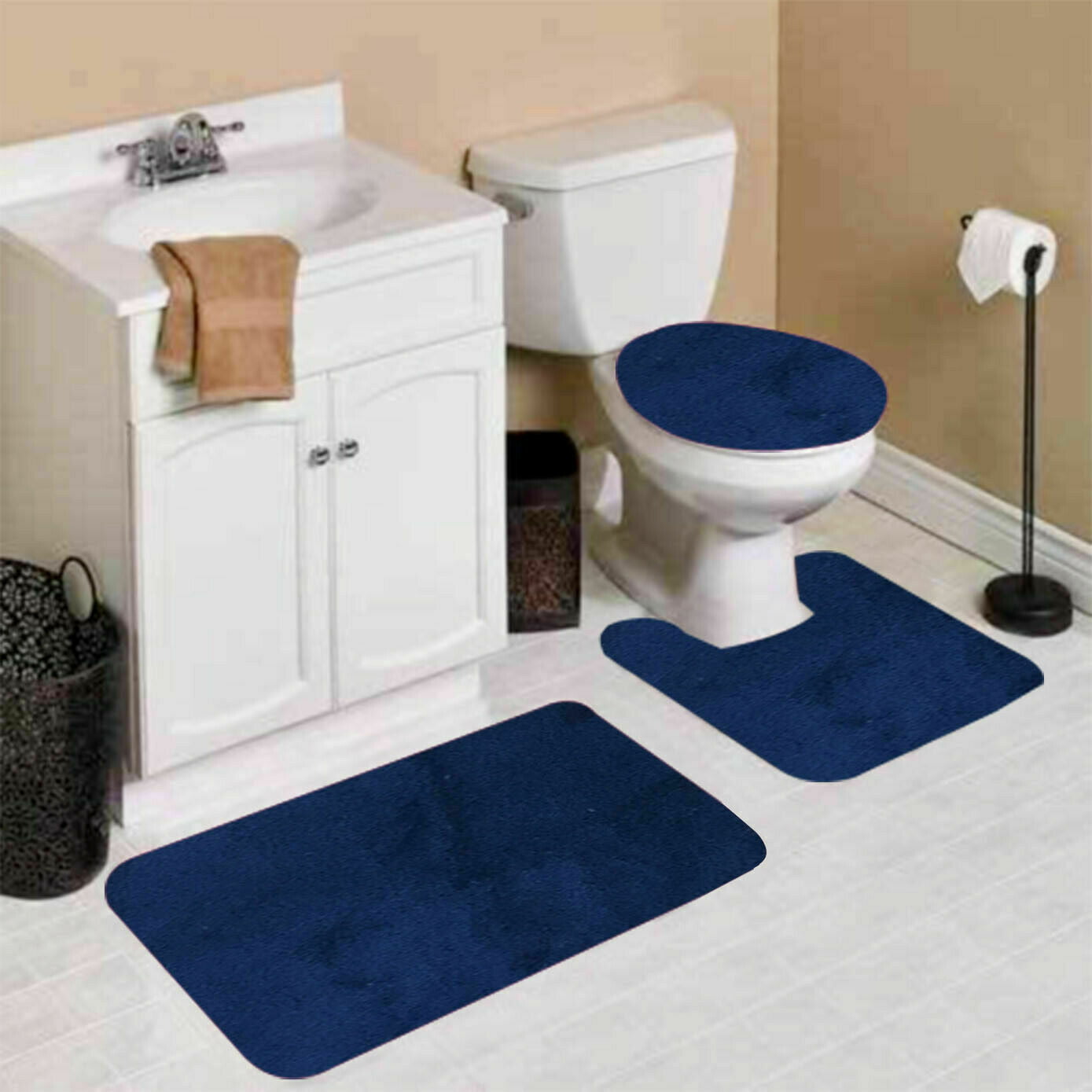 3pc Bathroom Set Rug Contour Mat Toilet Lid Cover Plain Solid Color Bathmats Hot 
