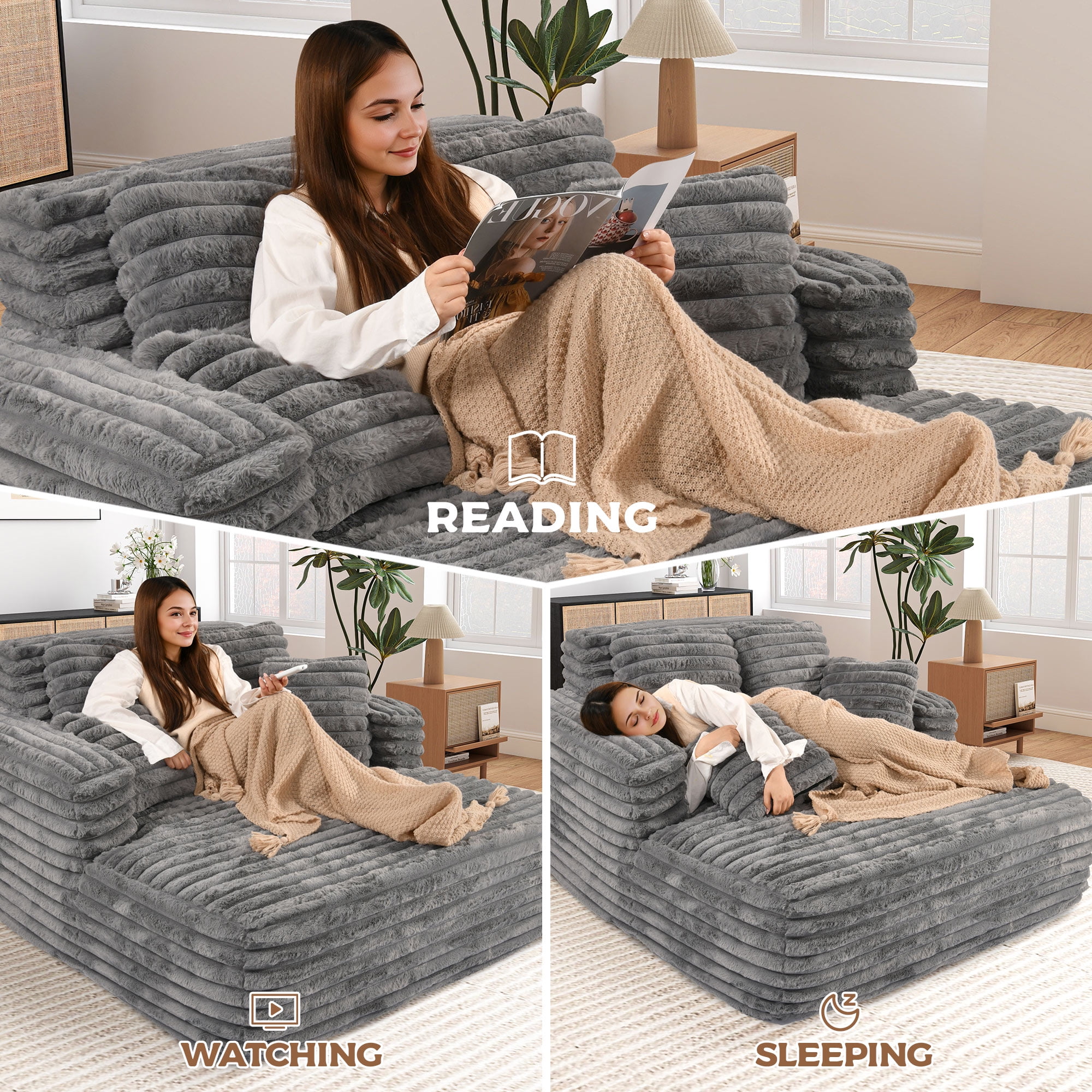 Muumblus Oversized Chaise Lounge Chair Indoor Furniture, No Assembly Required, Plush Corduroy Upholstered Sofa Bed Cozy Sleeper Couch for Living Room, Bedroom, Grey