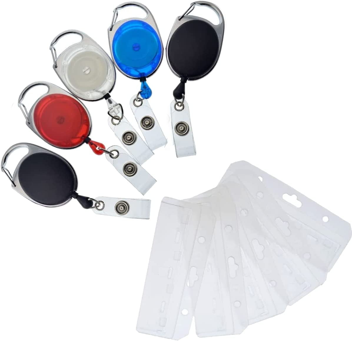 5 Pack - Premium Retractable Carabiner Badge Reels with Horizontal Half Card Badge Holders (Clear Plastic) - Leaves Magnetic Mag Stripe Exposed for POS & Swipe Cards by Specialist ID (Assorted Colors)