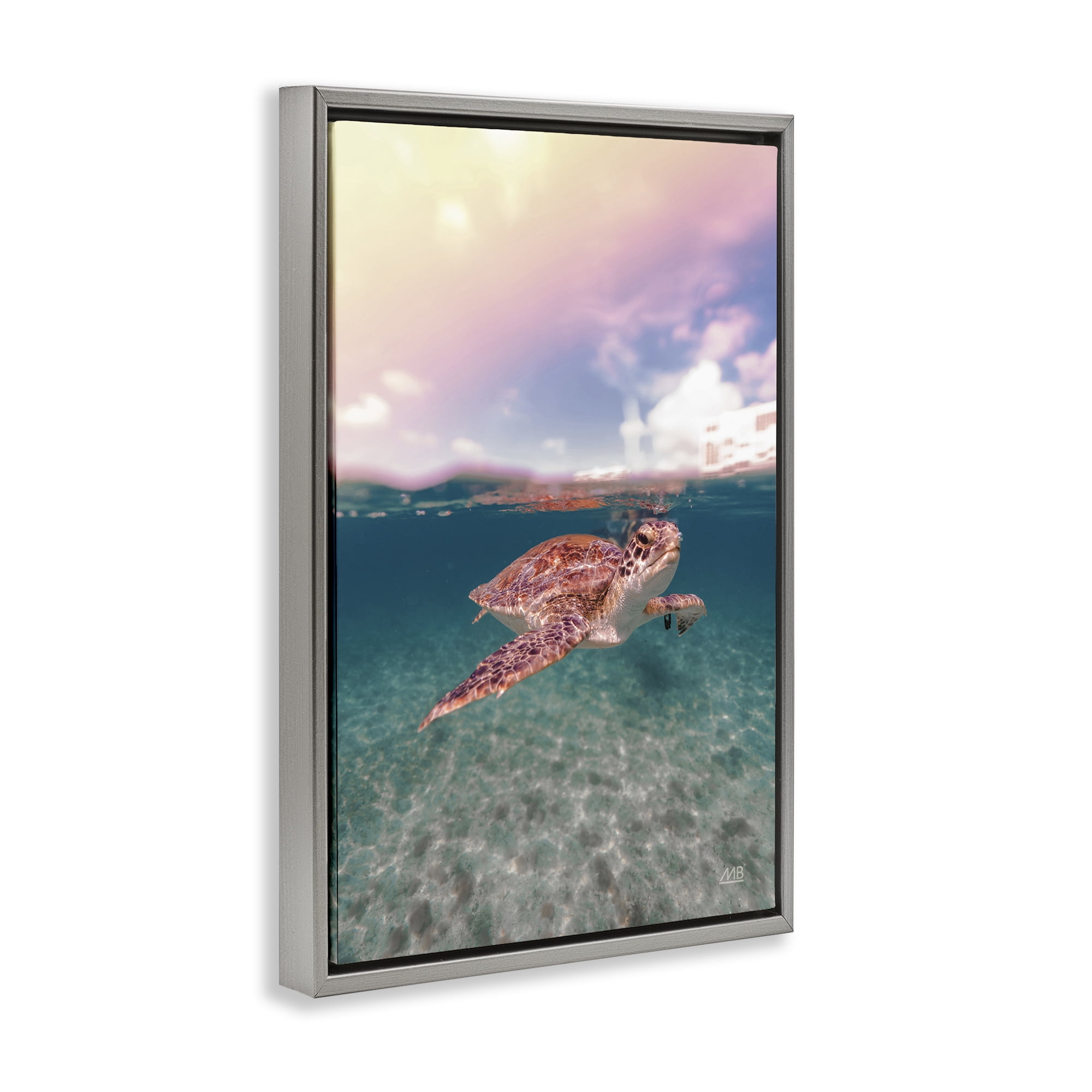 Stupell Industries Above & Below Sea Turtle Animals Photography Gray Floater Framed Canvas Art Print Wall Art, 17 x 25
